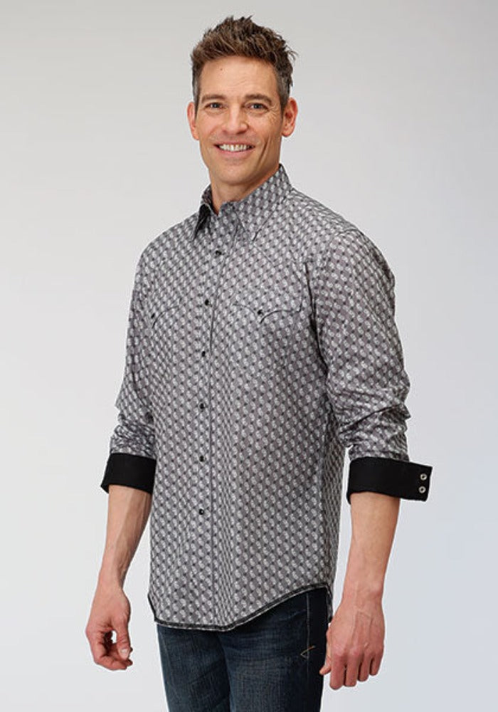 Roper Men's Gray White Black Neat Paisley Snap Up Western Shirt