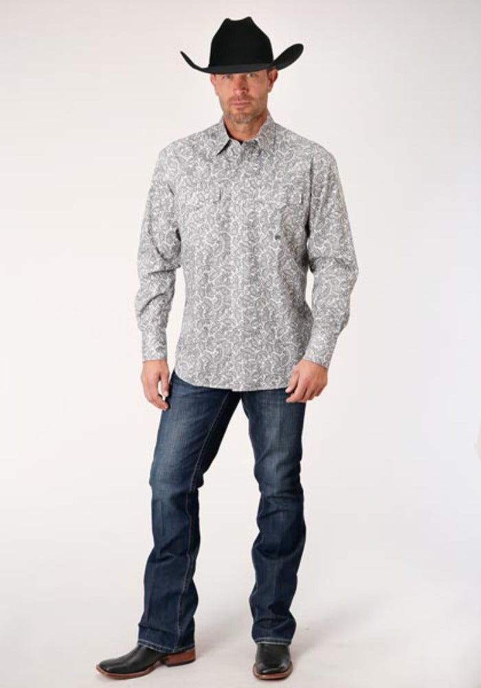 Roper Men's White & Black Line Paisley Snap Up Western Shirt