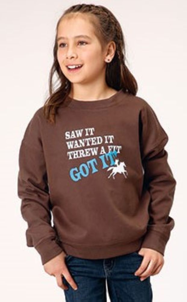 Girl's Brown Cotton Fleece Pullover Western Horse Shirt