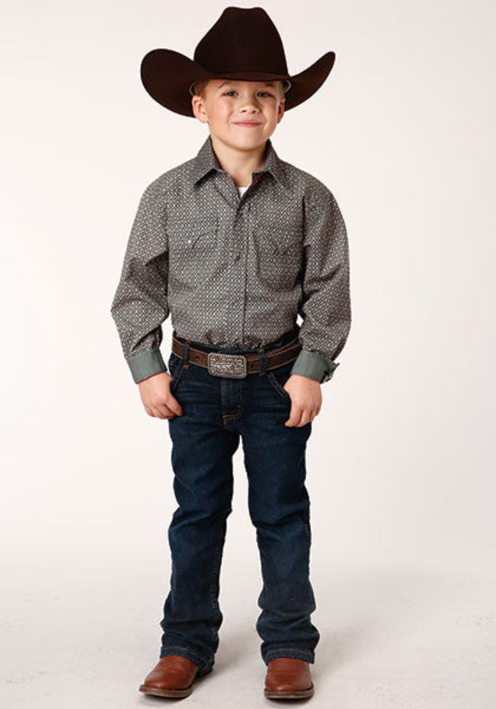 Roper Boys Broken Diamond Print Long Sleeve Button Up Western Shirt