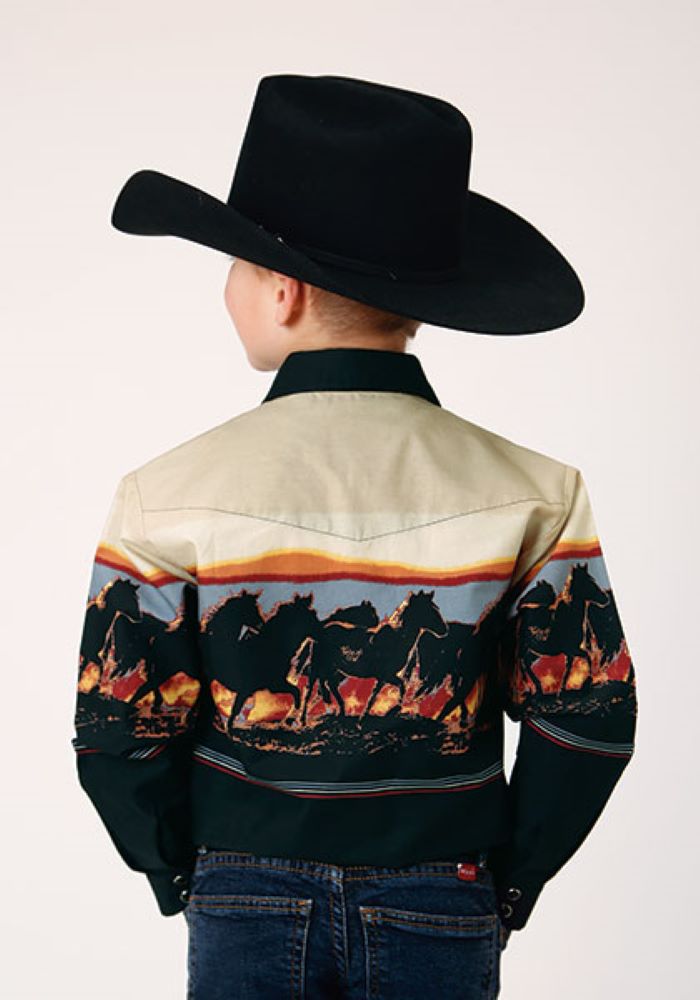 Boy's Vintage Style Border Western Shirt w/ Horse Print