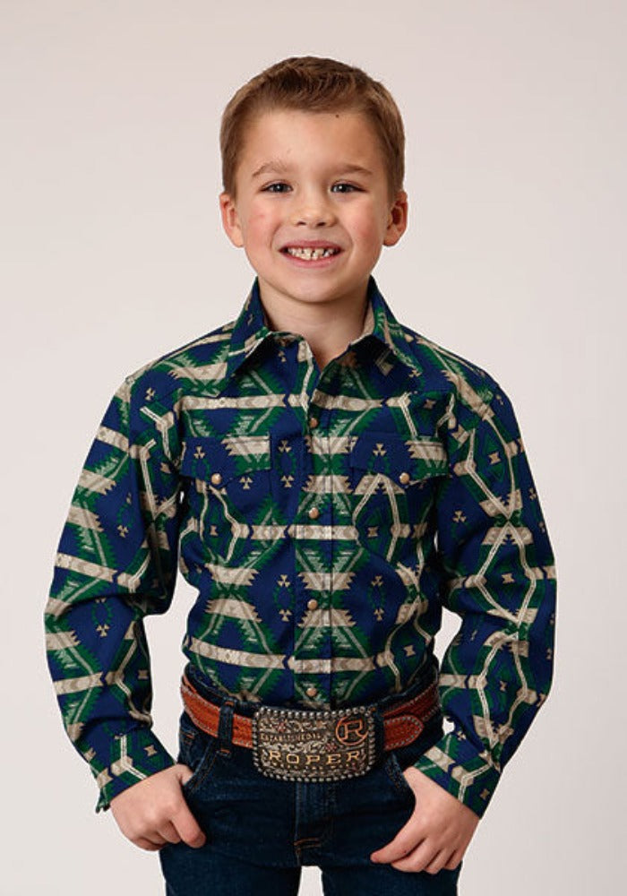 Roper Boy's Navy Aztec Snap Up Western Shirt