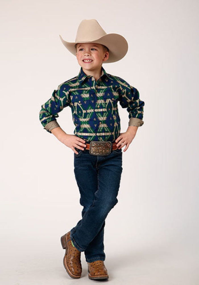 Roper Boy's Navy Aztec Snap Up Western Shirt