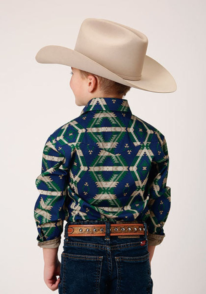 Roper Boy's Navy Aztec Snap Up Western Shirt
