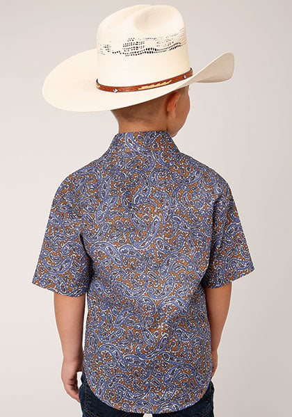 Boy's Roper Short Sleeve Paisley Blue & Brown Western Shirt w/ Snaps