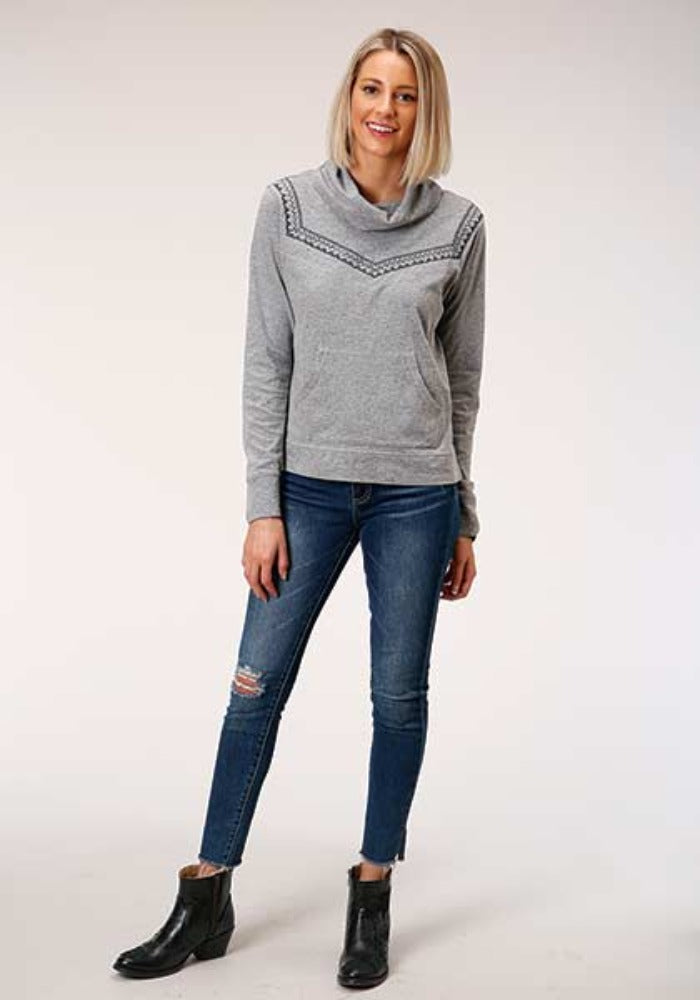 Women's Roper Gray Embroidery Jersey Cowl Neck Sweater