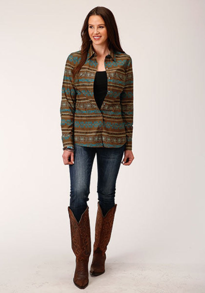 Women's Roper Brown Teal Horizontal Aztec Western Shirt