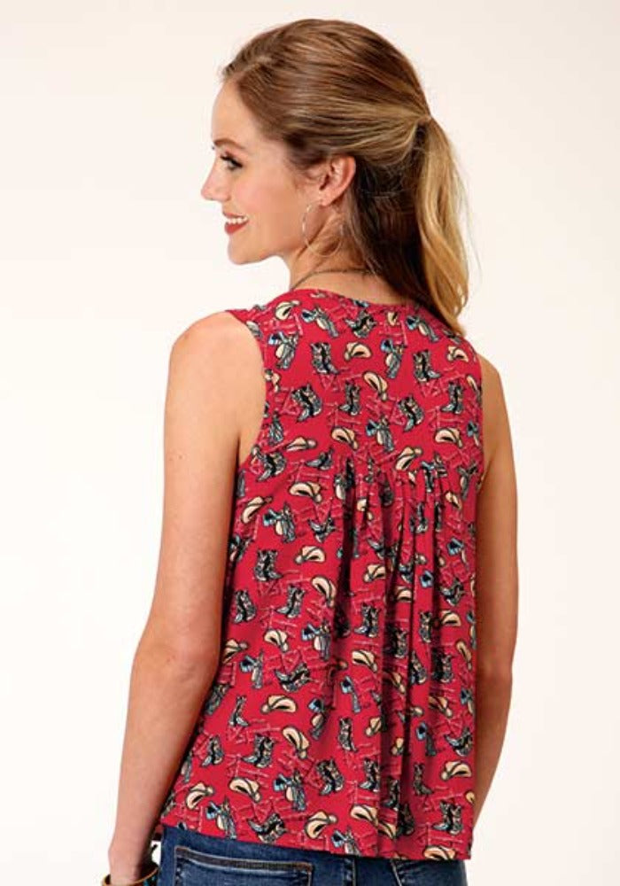 Women's Red Cowboy Boots Hat Fence Print Tank Top
