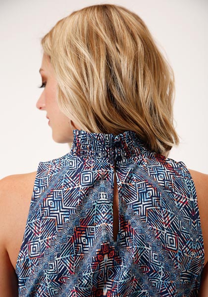 Roper Women's Blue Orange Tribal Border Print Western Dress