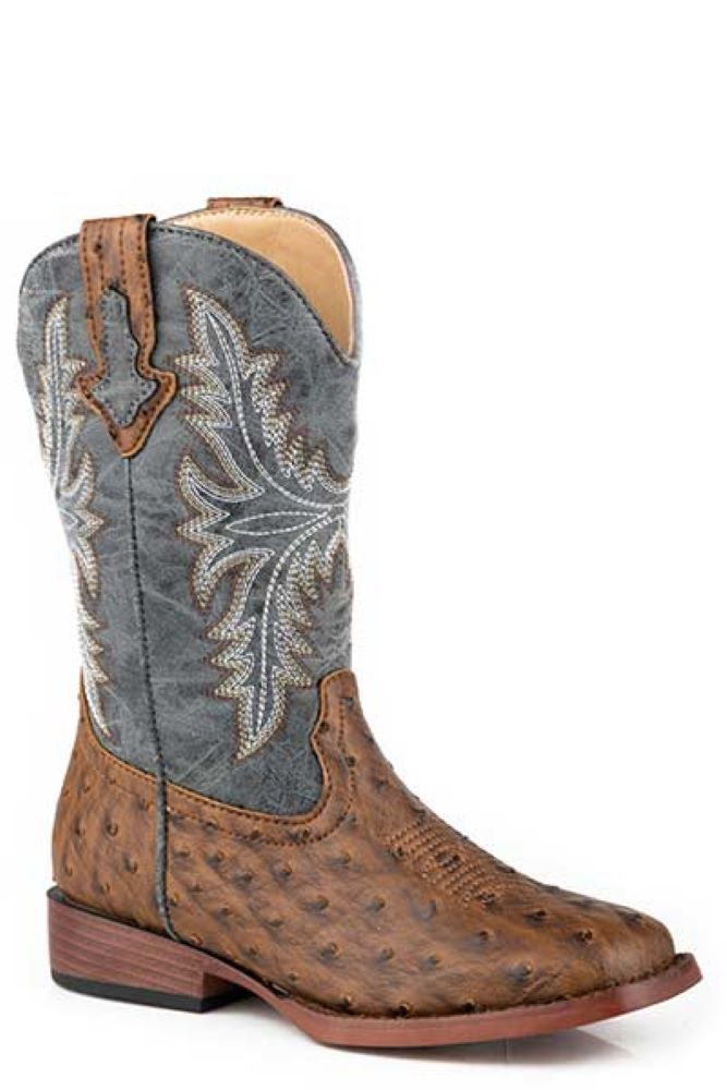 Youth children Brown Ostrich Print Square Toe Cowboy Boots