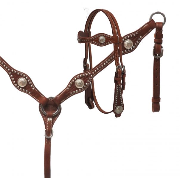Tooled Leather Headstall & Breast Collar Set w/ Silver Conchos