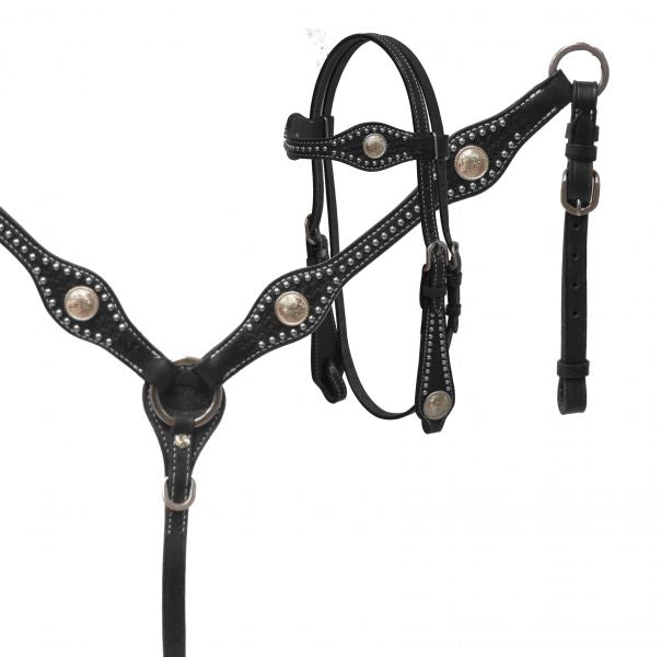 Tooled Leather Headstall & Breast Collar Set w/ Silver Conchos