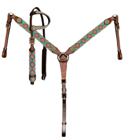 Southwest Woven Fabric 1 Ear Headstall Breast Collar & Reins