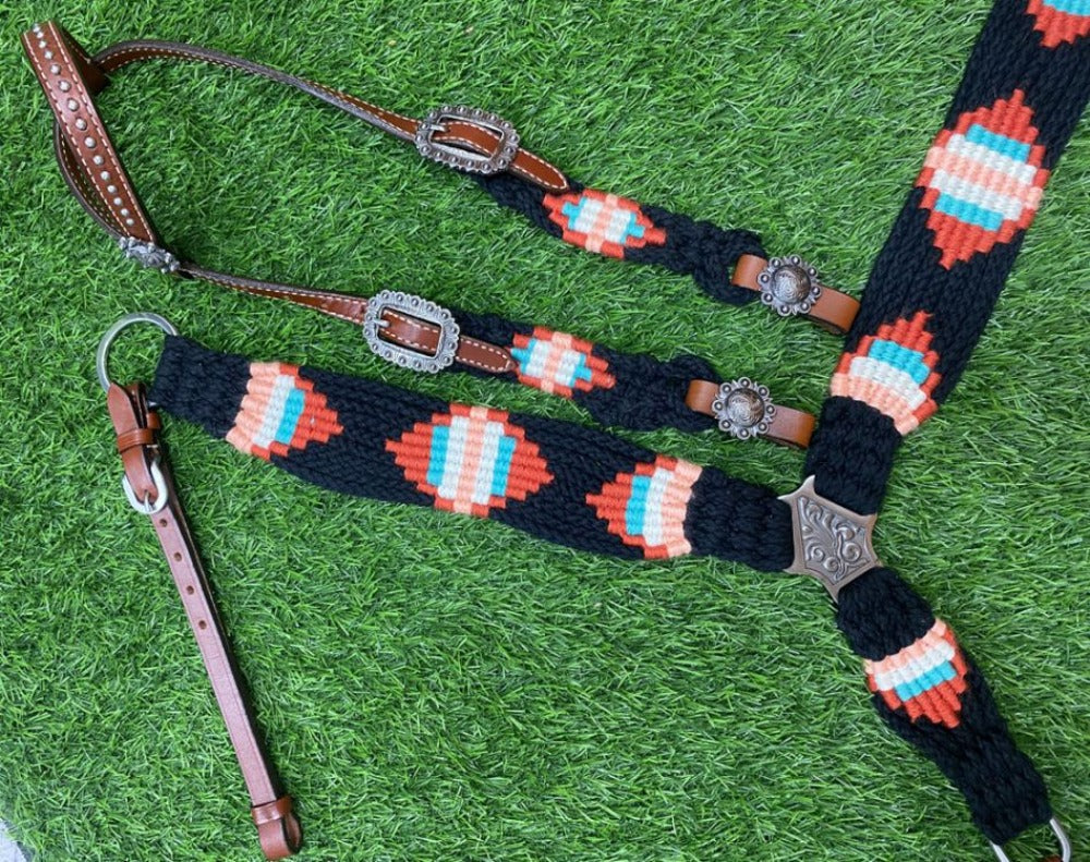 Pony Size Corded One Ear Headstall and Breast Collar Set - Black/Red