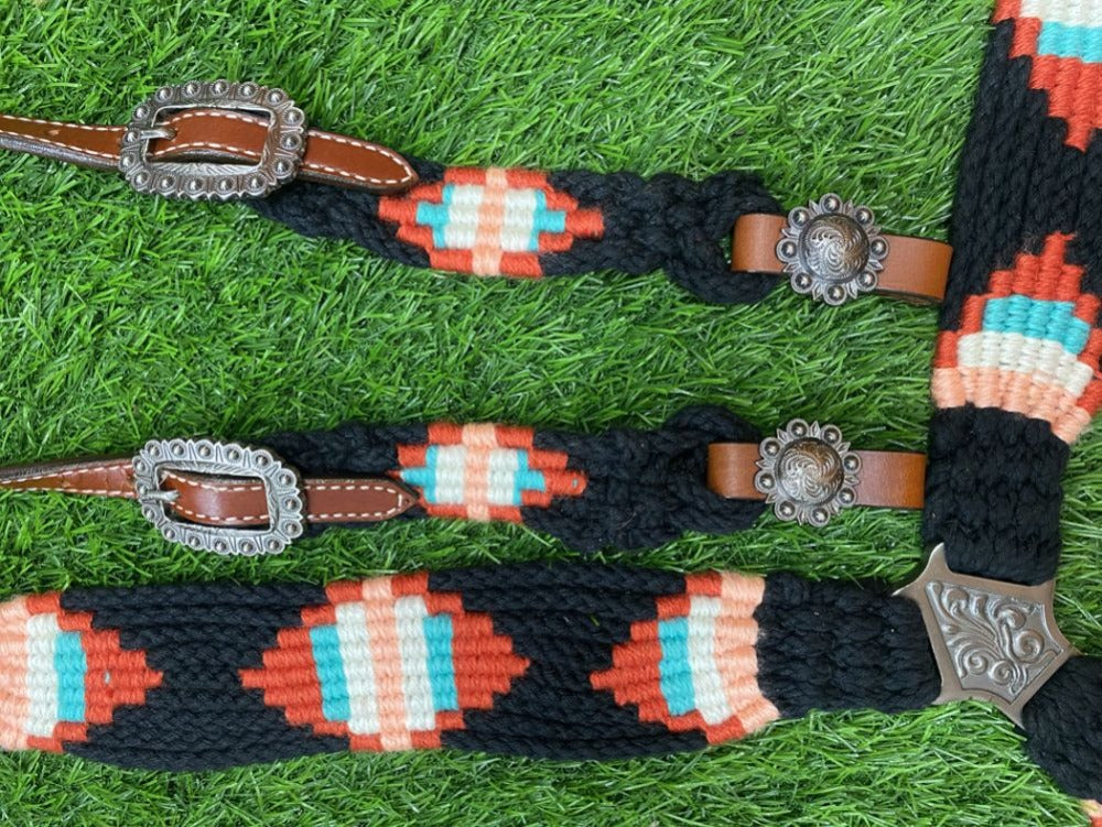 Pony Size Corded One Ear Headstall and Breast Collar Set - Black/Red