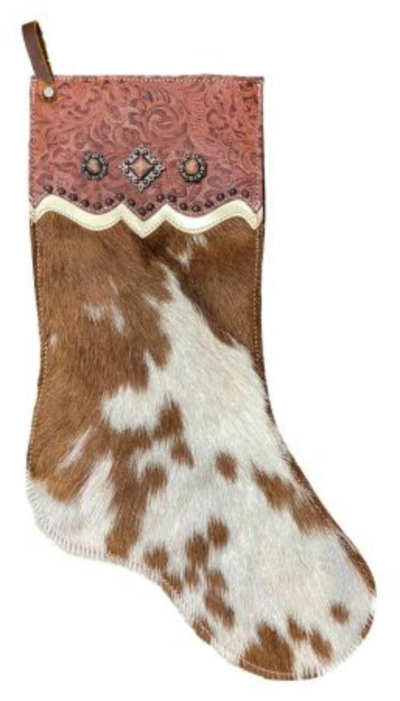 Brown And White Hair-On Cowhide Stocking w/ Tooled cuff