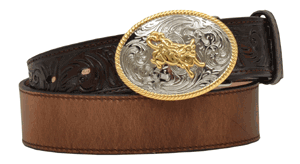Boy's Western Belt w/ Floral Tooling & Bull Rider Buckle