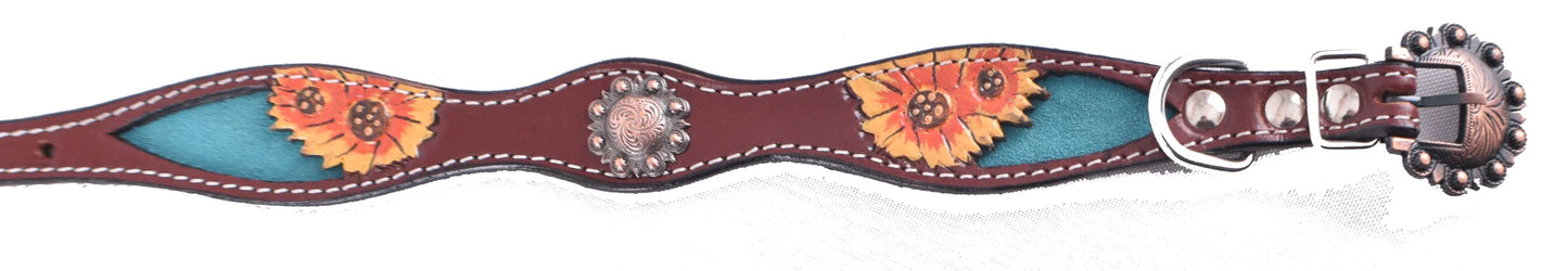 Hand Painted Sunflower Leather Dog Collar w/ Copper buckle