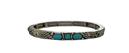 Silver Feather Design w/ Turquoise Stone Stretch Bracelet