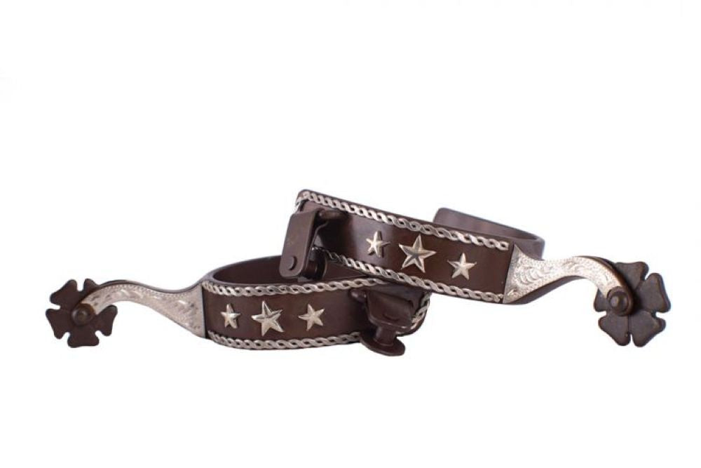 Men's brown steel spur with silver rope border and stars