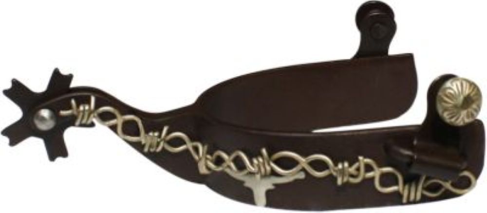 Showman brown steel spurs silver barb wire details with steer skull