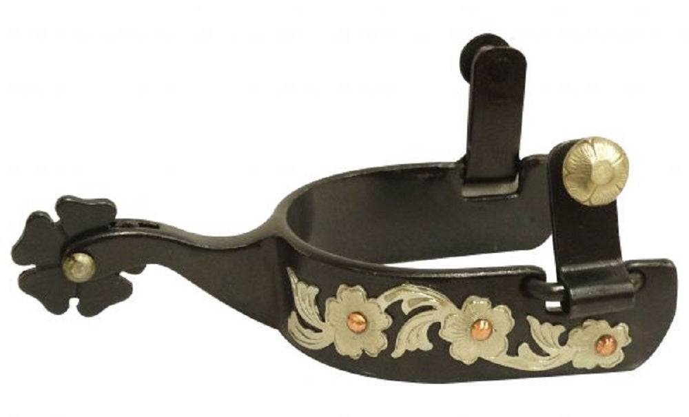 Ladies black steel spur with engraved silver overlay copper studs