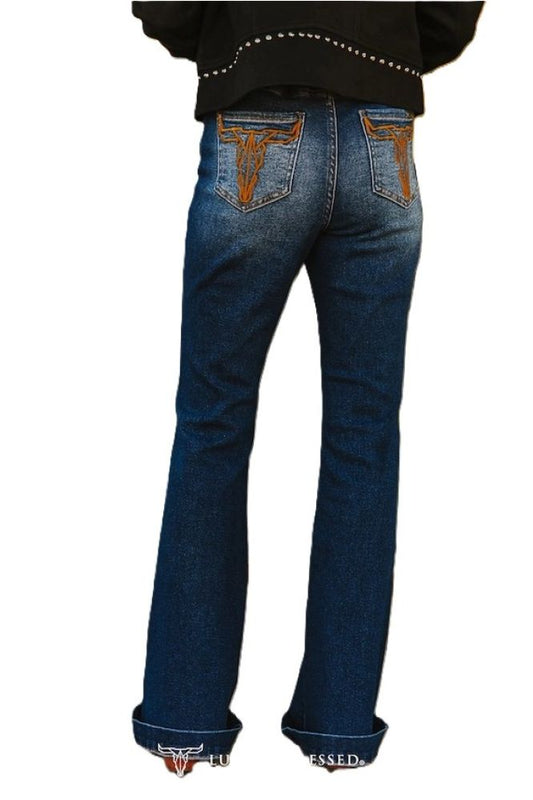 Logo Mid Wash Camel Embroidered Bootcut Jeans