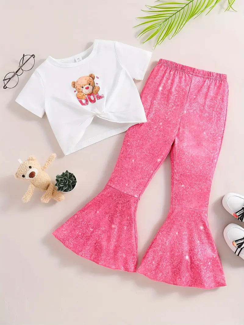 Girl's Bear Shirt & Flared Pink 'Barbie' Pants Set