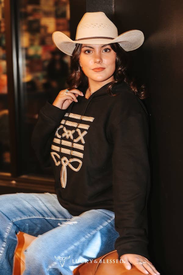 Black Hoodie W Ivory Boot Stitch Embroidery