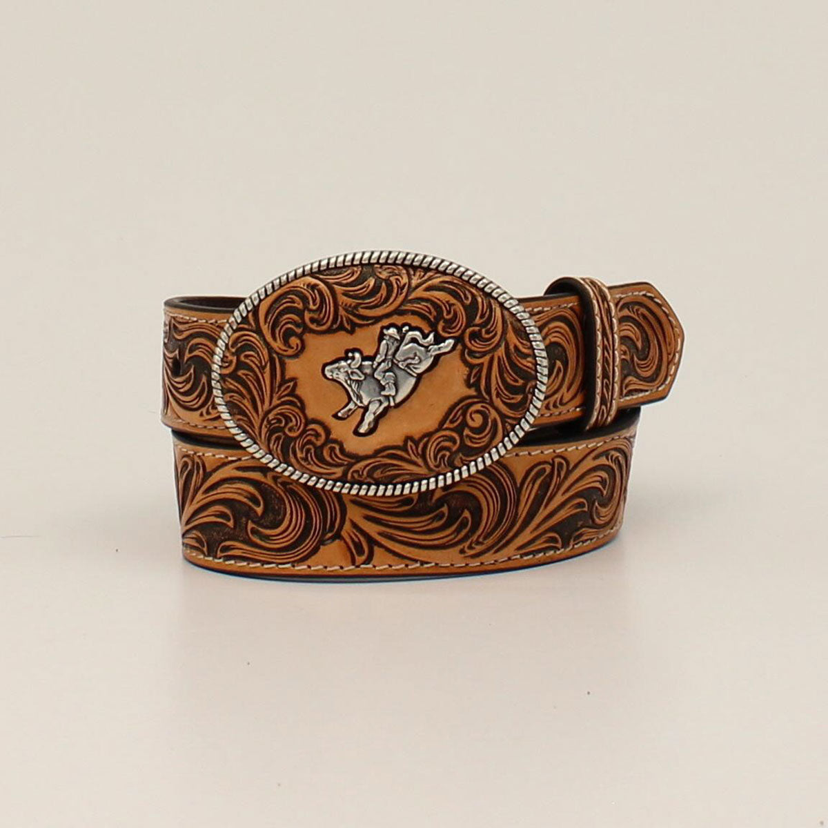 Boy's Tan Tooled Leather Belt & Bull Rider Buckle