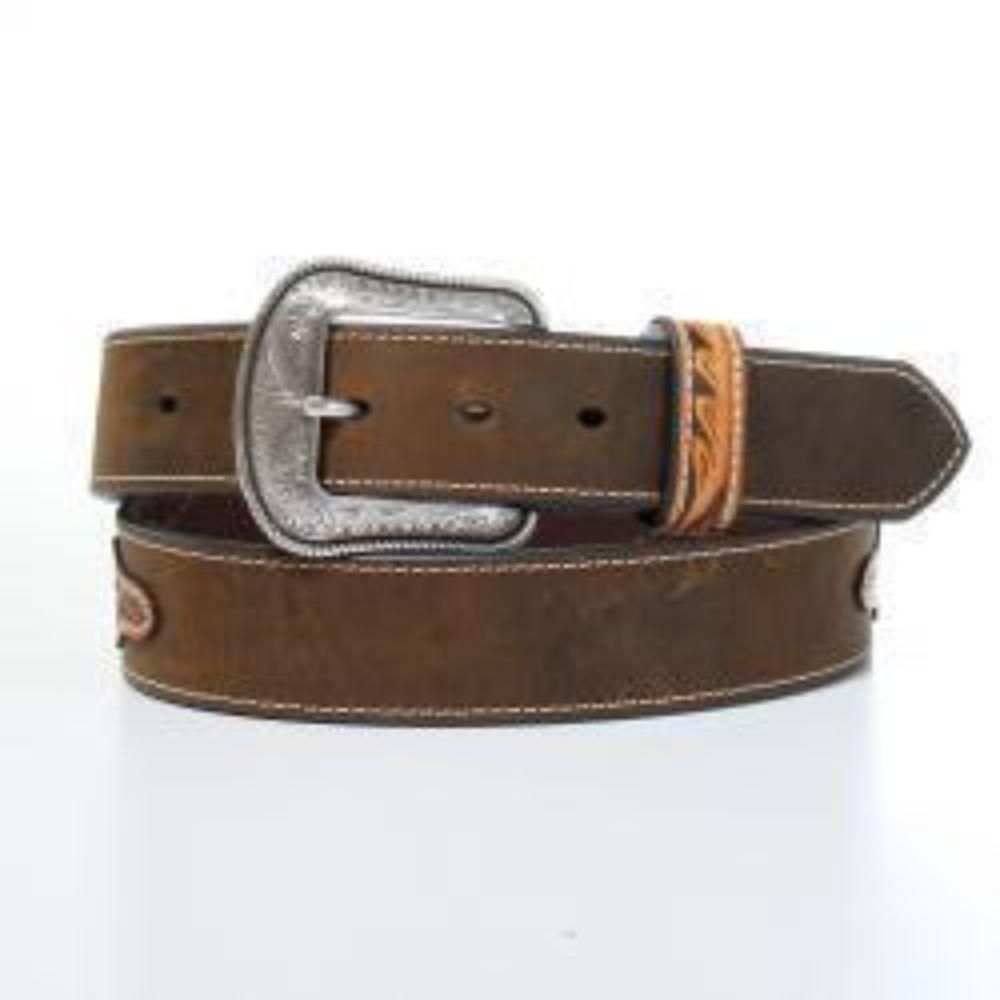 Men's Leather Floral Tooled Overlay Belt w/ Cactus concho