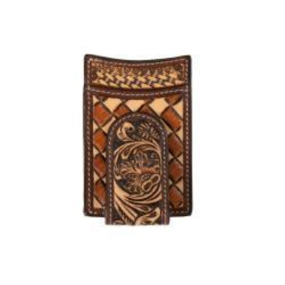 3D Mens Money Clip Style Wallet Hand Tooled Floral Basketweave Tan
