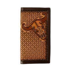 3D Mens Rodeo Style Wallet Hand Tooled Stained Edge Cow Skull Brown