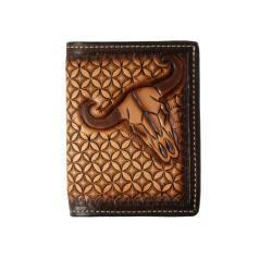 3D Mens Trifold Style Wallet Hand Tooled Stained Edge Cow Skull Brown