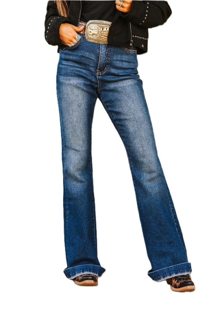 Logo Mid Wash Camel Embroidered Bootcut Jeans