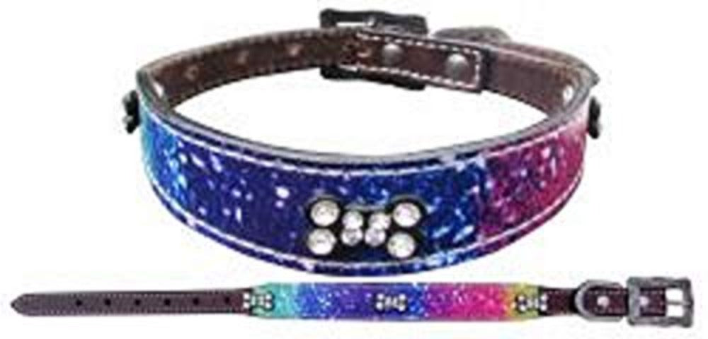 Rainbow Print Overlay Leather Dog Collar w/ Crystal dog bone