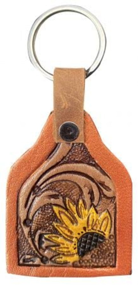 Cow Tag Painted Sunflower Leather Keychain w/ Floral Tooling