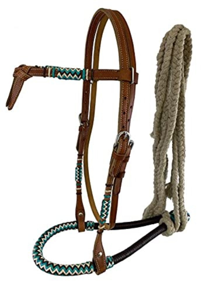 Teal black Rawhide Core Show Bosal w/ Browband headstall Cotton reins