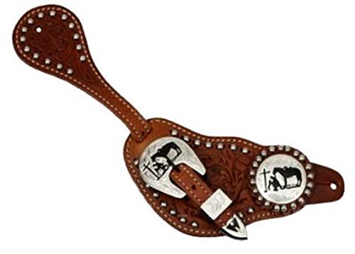 Men's Floral tooled Leather Spur Straps w/ Praying cowboy conchos