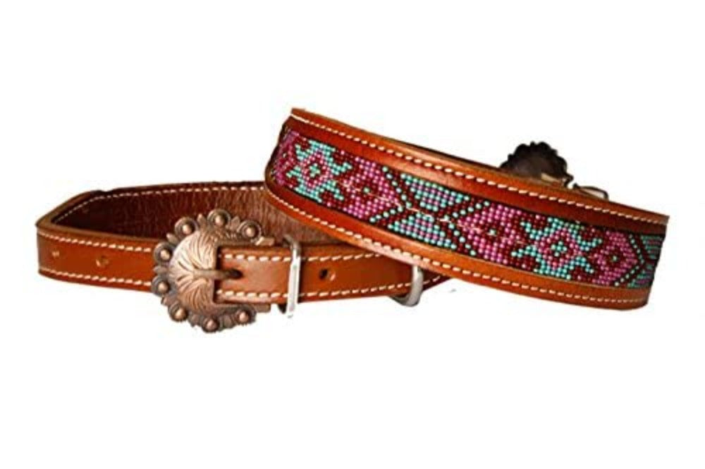 Showman Red/Pink/Mint Beaded Leather Dog Collar