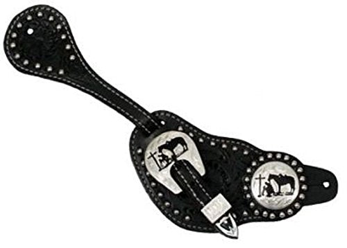 Men's Floral tooled Leather Spur Straps w/ Praying cowboy conchos