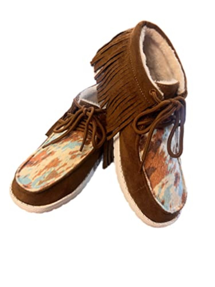 Women's Gypsy Jazz Tan & turquoise 'MOOMA FRINGE' SHOES w/ Fringe