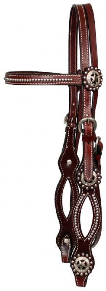 Burgundy Leather Brownband Headstall & Reins w/ Texas star conchos Split cheeks