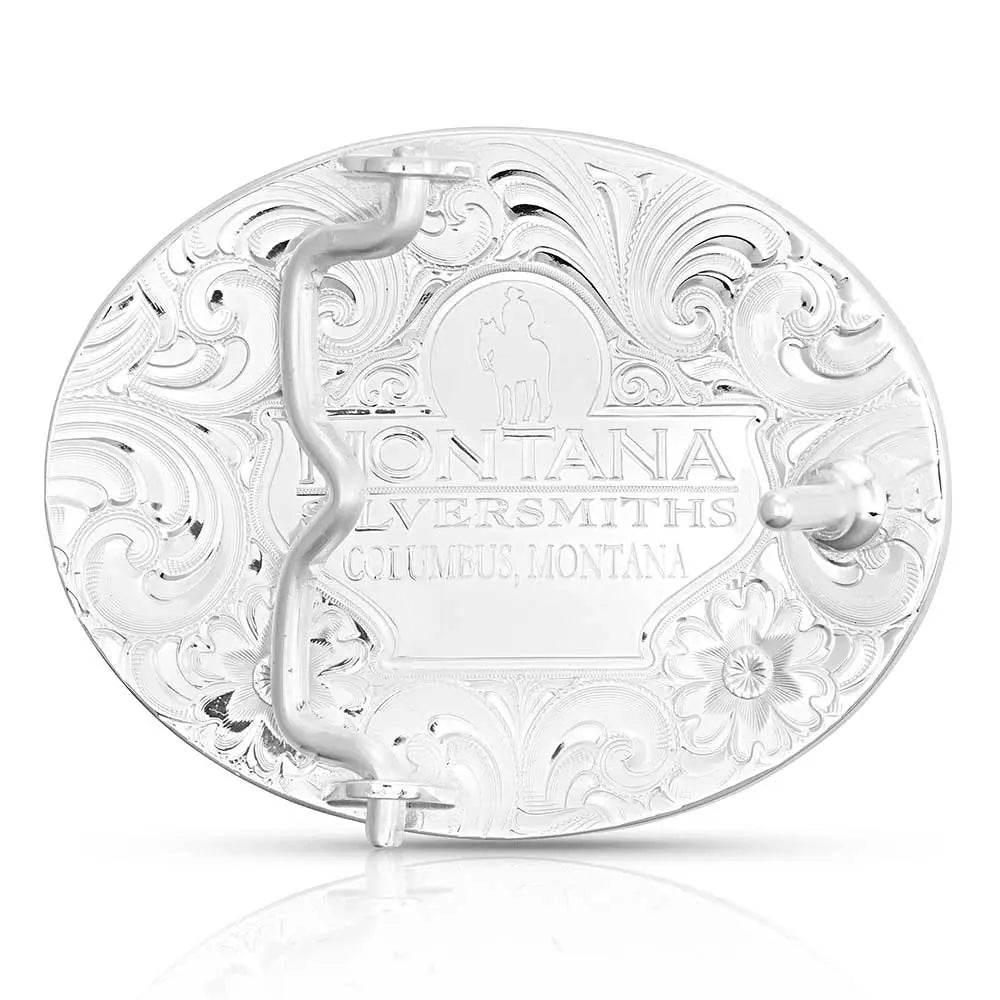 Montana Silversmiths Petite Two-Tone Engraved Belt Buckle w/ Barrel Racer