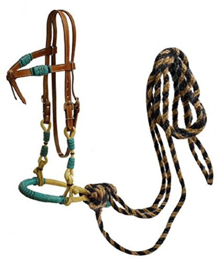 Leather Futurity Knot Headstall w/ Teal Rawhide Braided Bosal Set