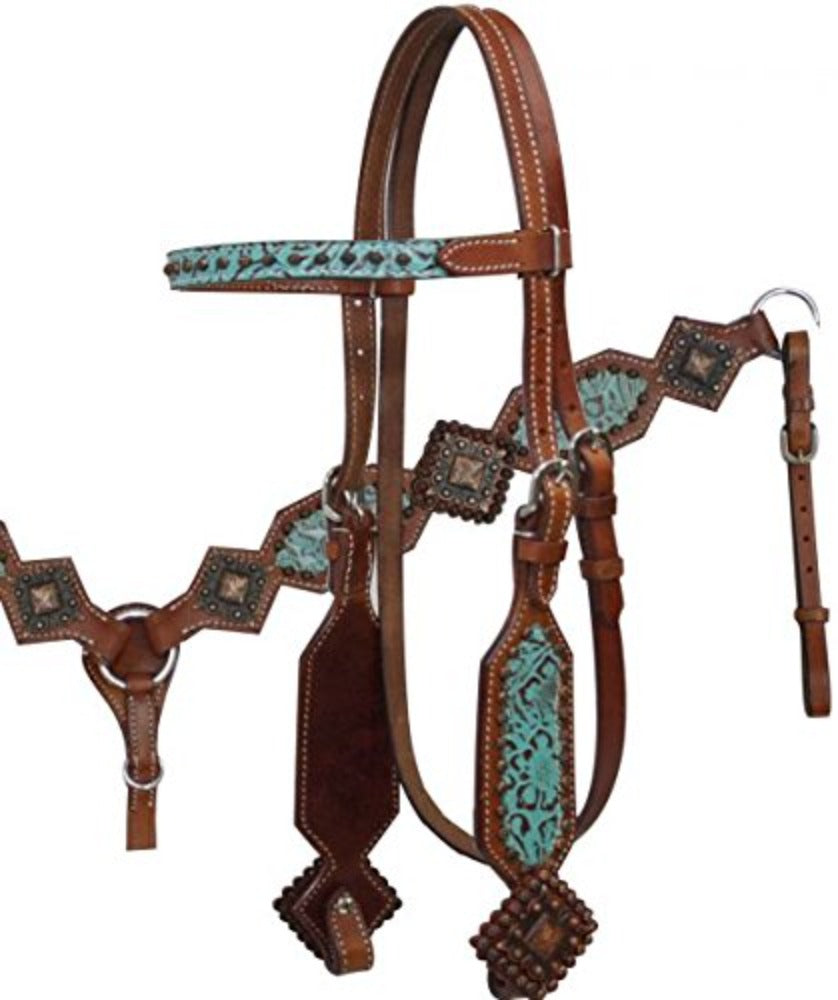 Horse size Filigree Teal & Brown Bridle & Breast Collar Set