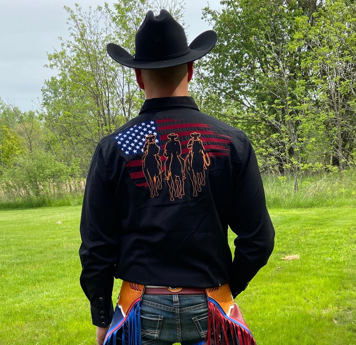 Roper Men's Black Old West Scene USA Flag Embroidery Western Shirt