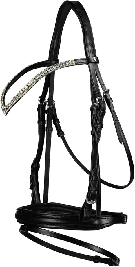 HORZE Warmblood Black Rhinestone V-Shape Browband Leather English Dressage Headstall NO REINS