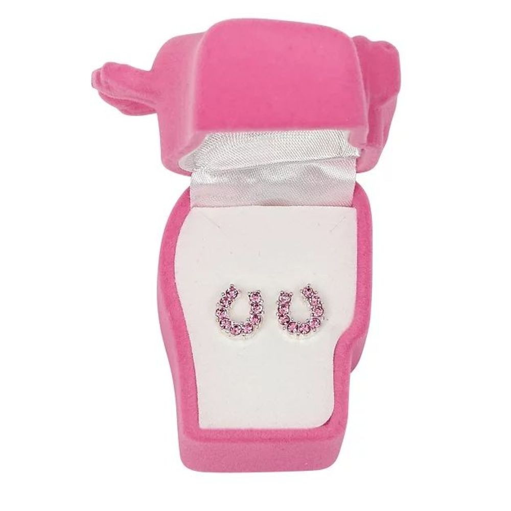 Pink Rhinestone Horseshoe Earrings w/Horse Head Gift Box