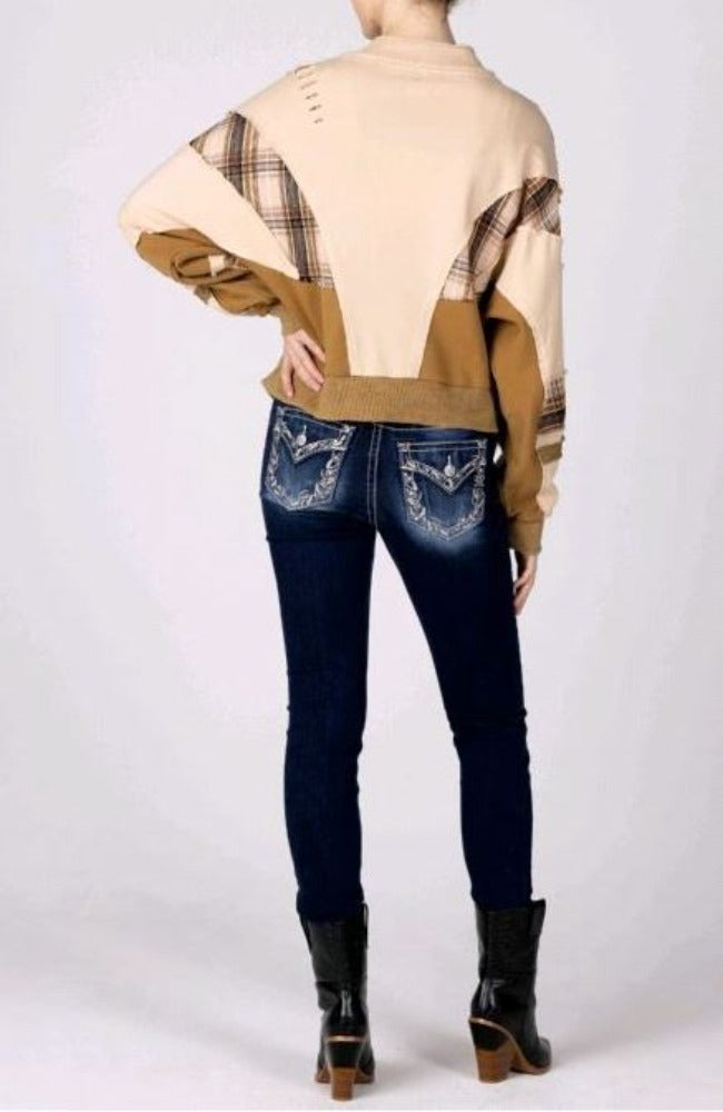 Miss Me Quarter Zip Top Shirt w/ Plaid trim